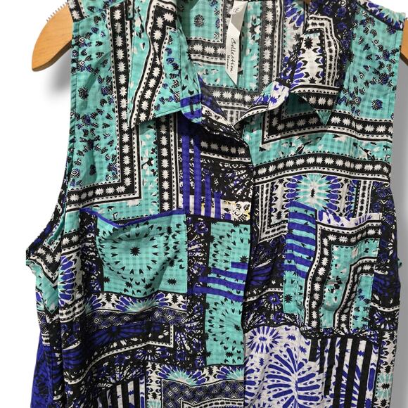 NY Collection Women’s Plus 2X Sleeveless Button Front Patchwork Print Blouse - Picture 2 of 7